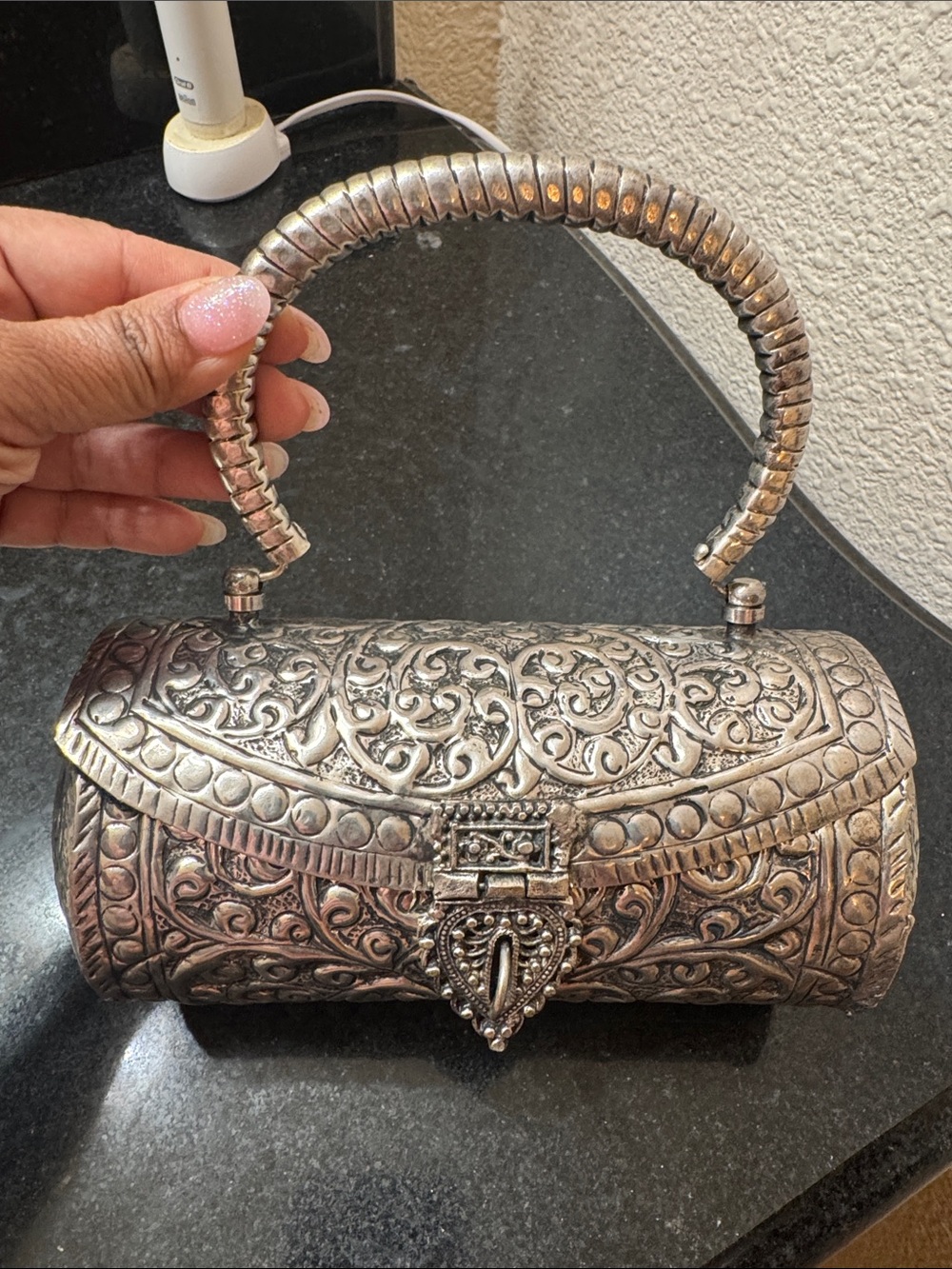 Silver Ornate Metal Clutch Handbag with Top Handle